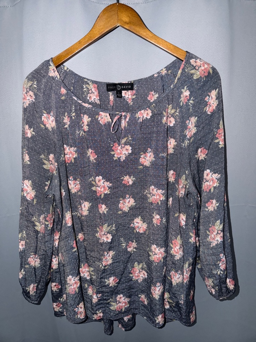 Fred David Charcoal Gray Floral Peasant Blouse with Pink Roses Size XL Croquette